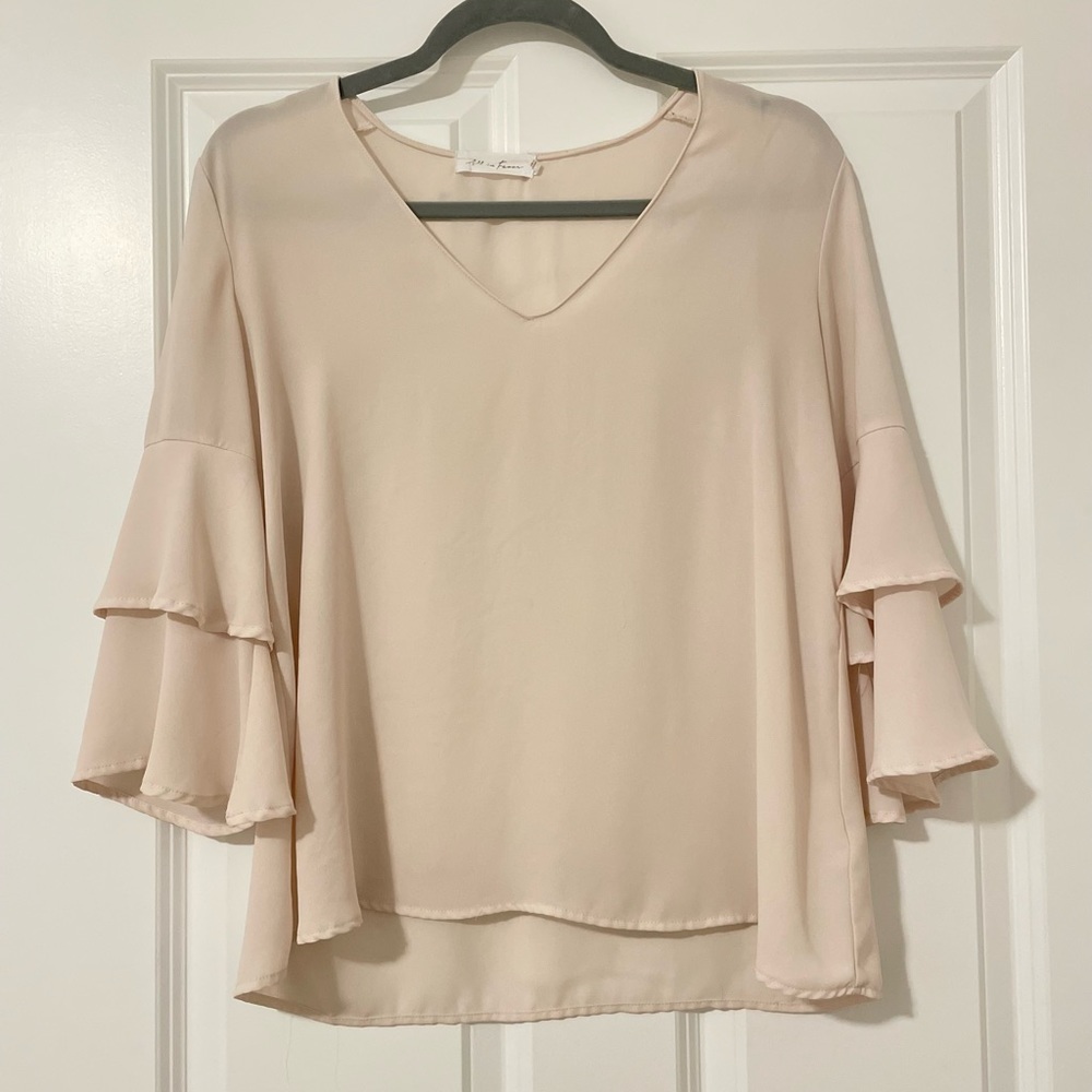 All in Favor boutique sheer off white blouse with bell sleeves